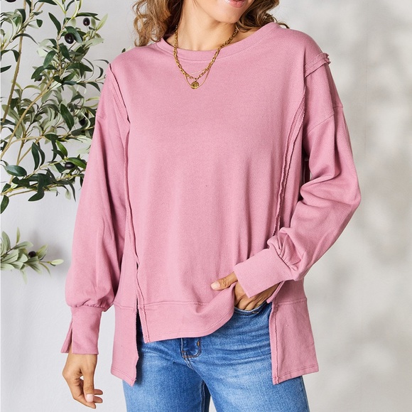 NEW Culture Code PLUS + REG Size Rose Pink Oversized Exposed Seam Sweatshirt Top - Picture 1 of 9